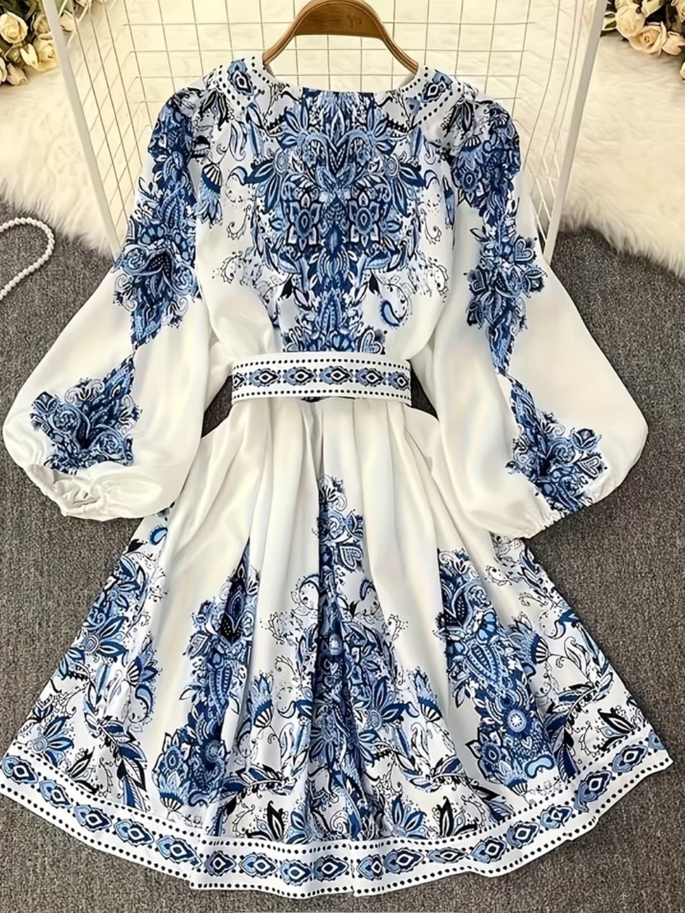 White & Blue Print Mini Dress - V-Neck Boho Tunic - Picture 2 of 12